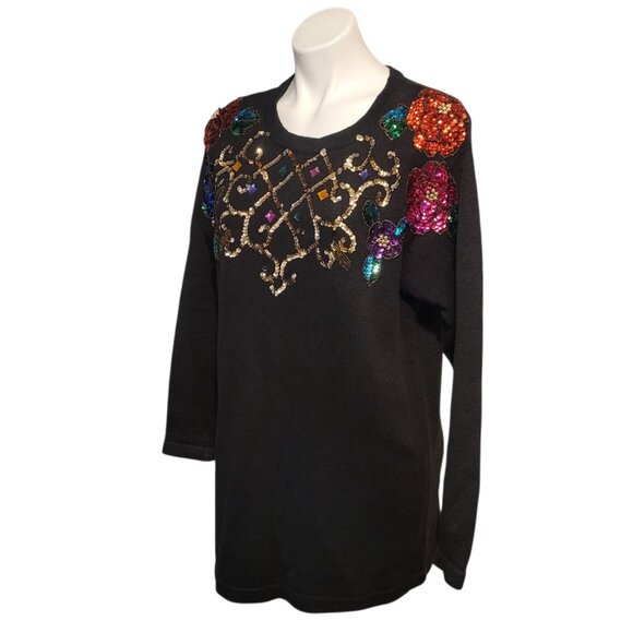 SML Glitz Sequin Sweater Black With Colorful Beading Size Medium 80s - Picture 6 of 6